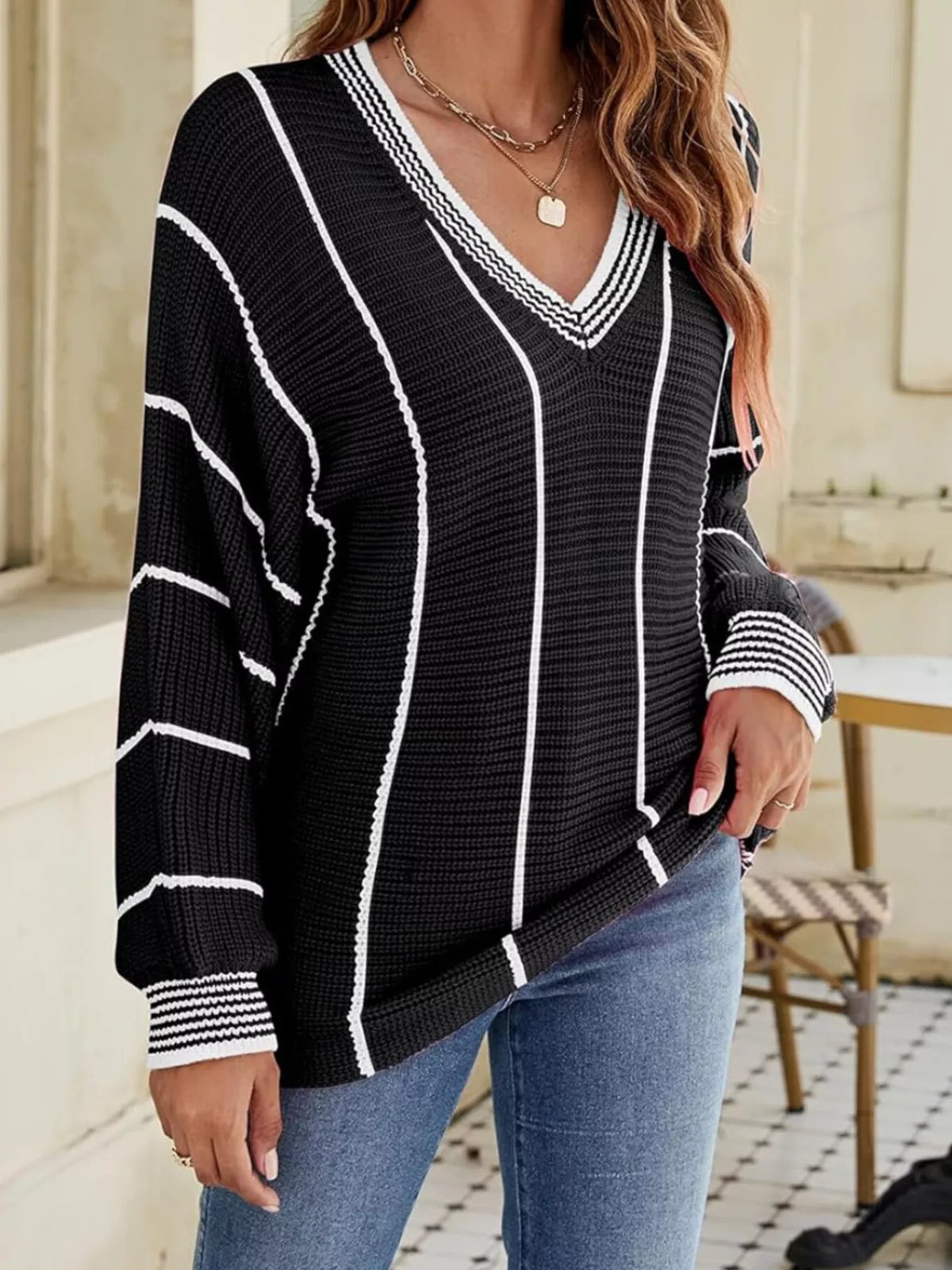 Margot Striped Contrast Sweater Dark Green 7
