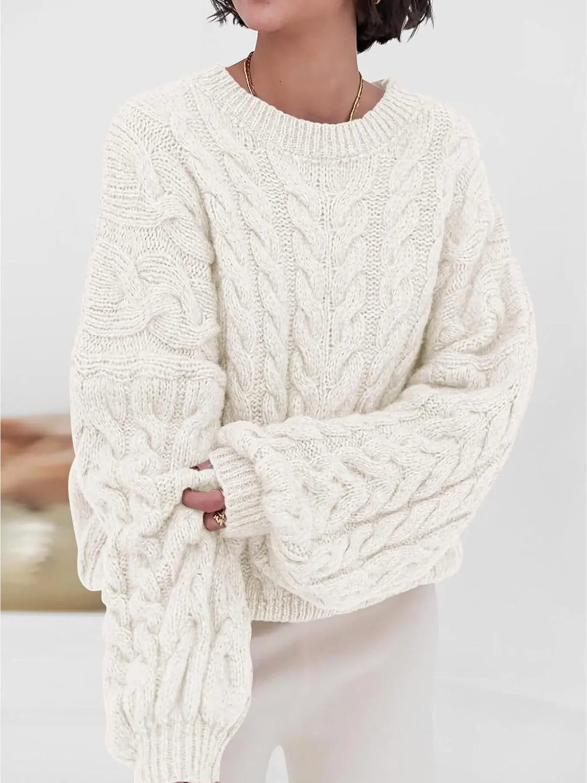 Margot Cable Knit Sweater in Pink White 4