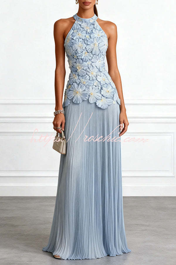 Emilie 3D Floral Embroidered Halter Maxi Dress Blue 1