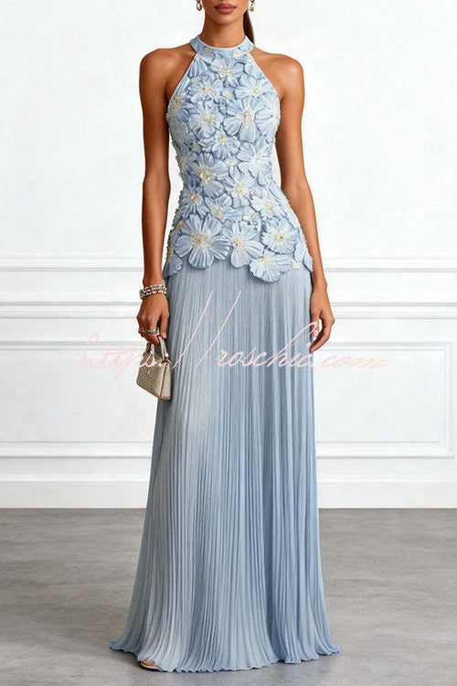 Emilie 3D Floral Embroidered Halter Maxi Dress Blue 1