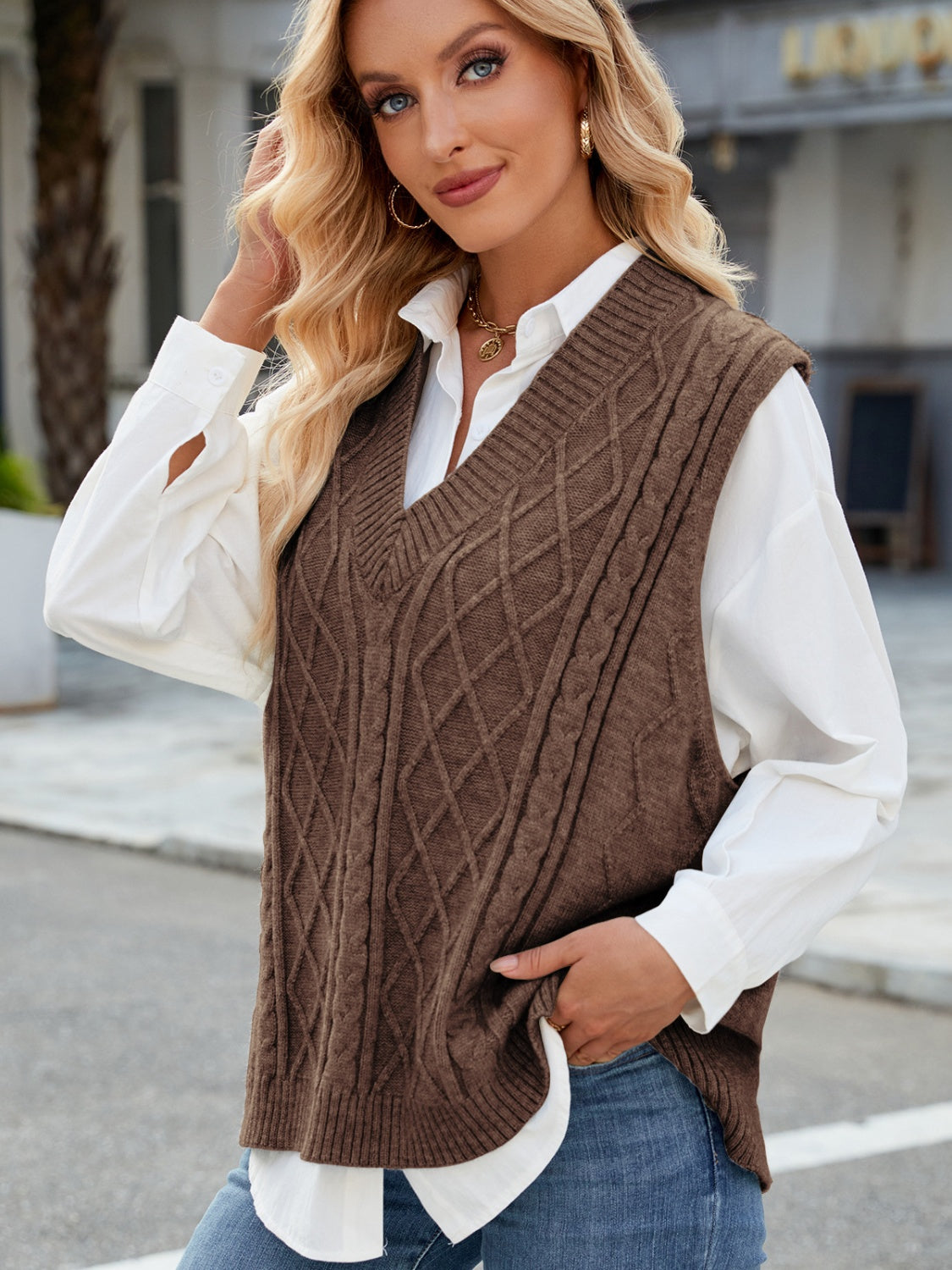 Margot Cable Knit Sweater Vest Tan 10