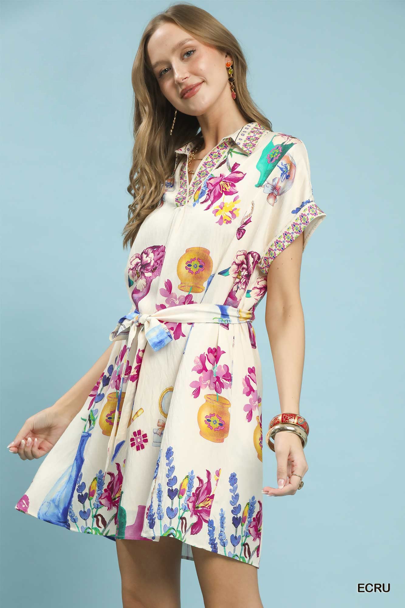 Margot Floral Mini Dress with Belt ECRU 2