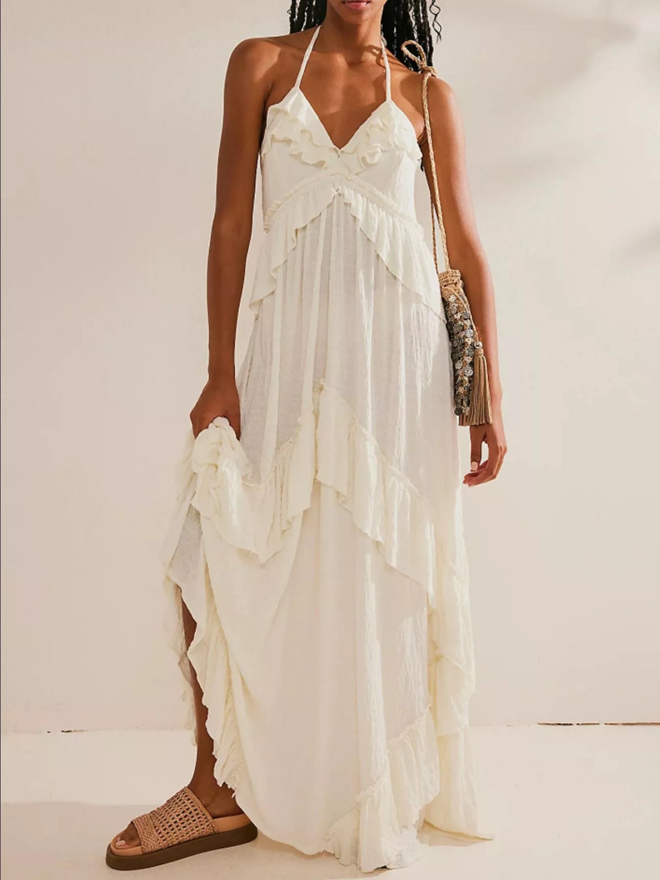 Arabella Ruffled Halter Maxi Dress White 8