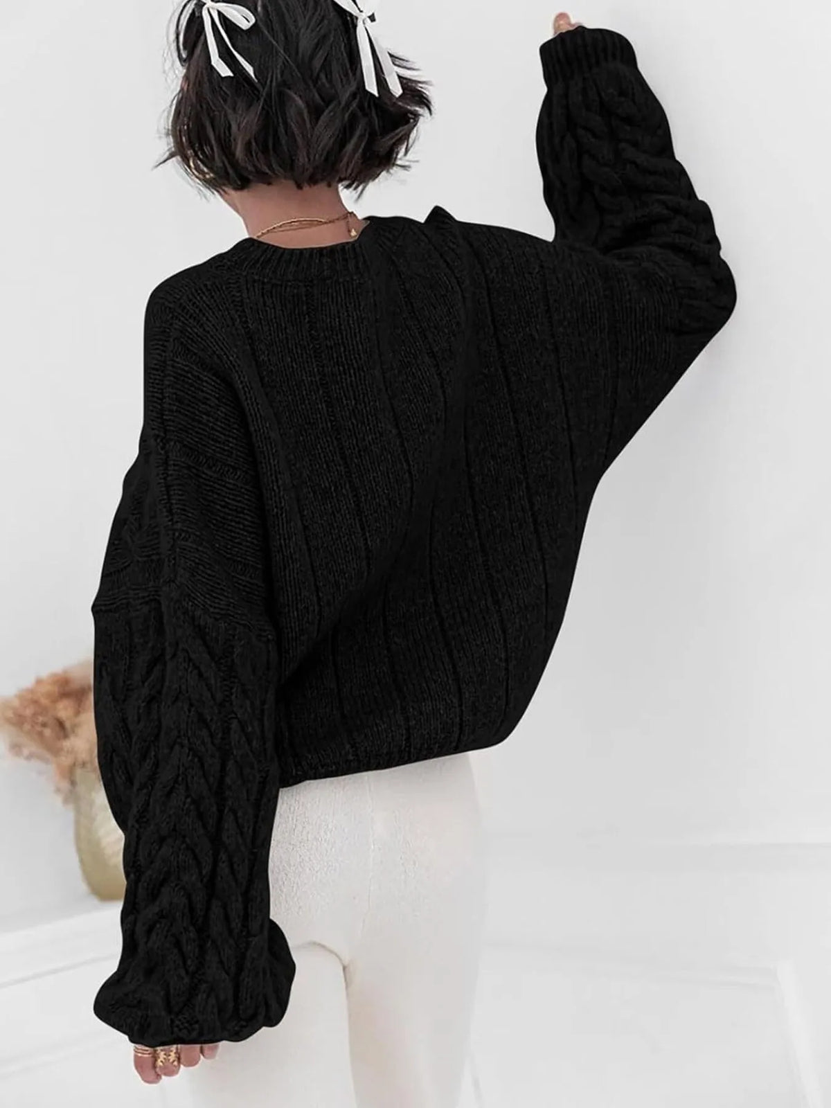 Margot Cable Knit Sweater in Pink Black 10