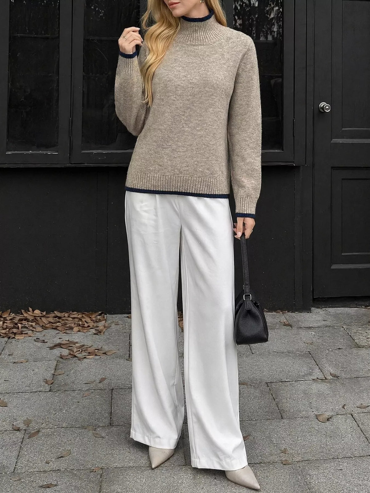 Margot Knit Sweater with Contrast Trim Khaki 7