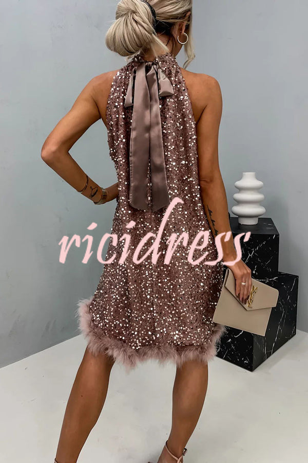 Ophelia Sequin Halter Babydoll Mini Dress Rose Gold 3