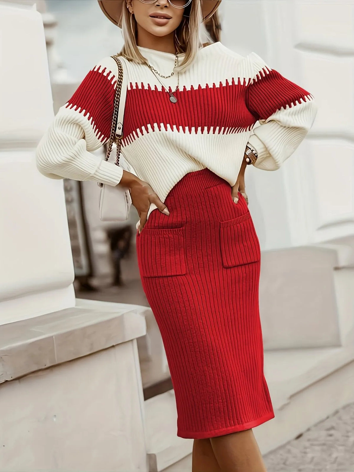Margot Two-Tone Ribbed Knit Set Red 2