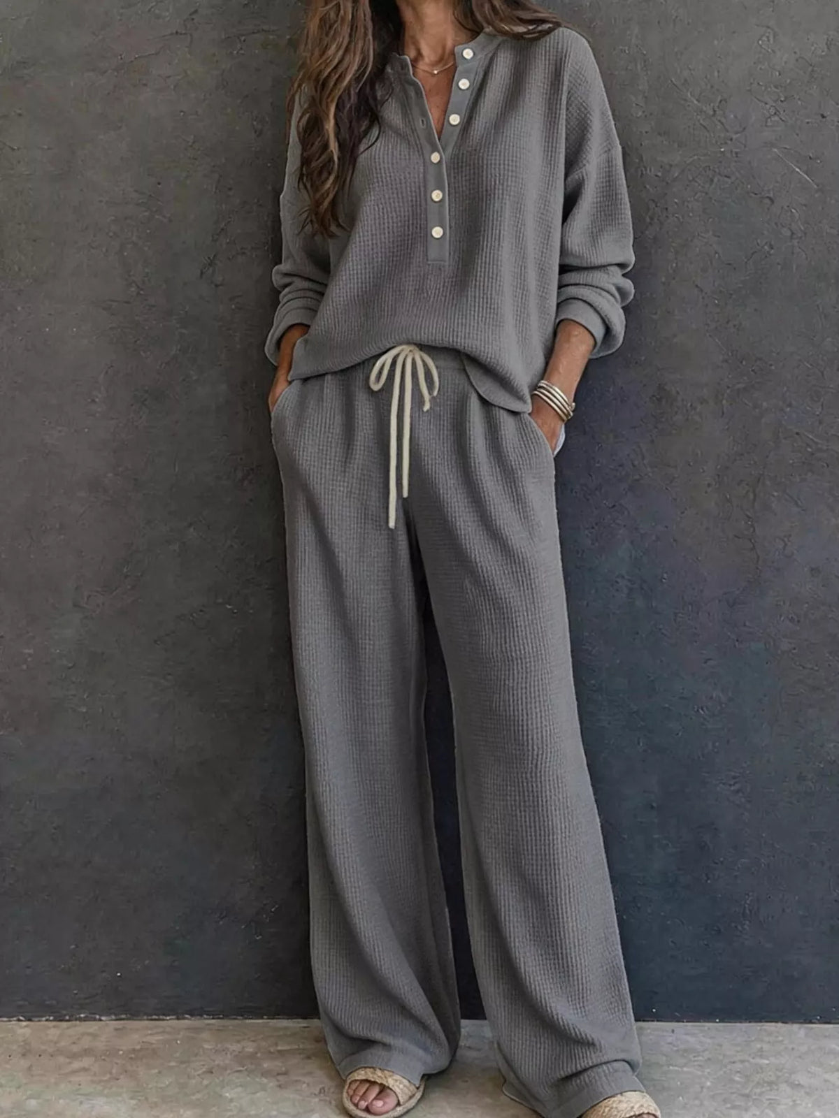 Margot Waffle Knit Henley Top & Wide Leg Pants Set Light Blue 10