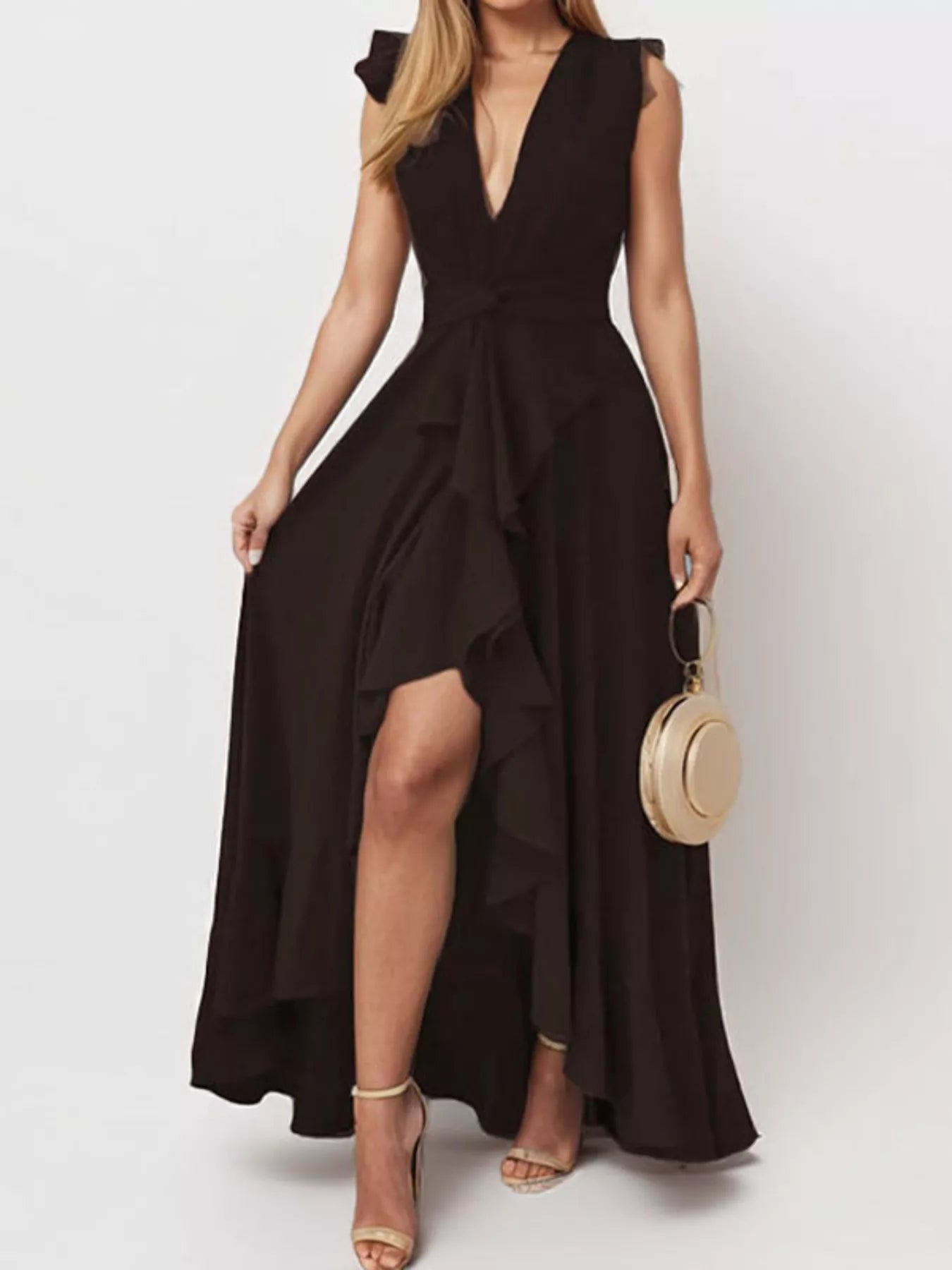 Ophelia Ruffled High-Low Maxi Dress Black 4