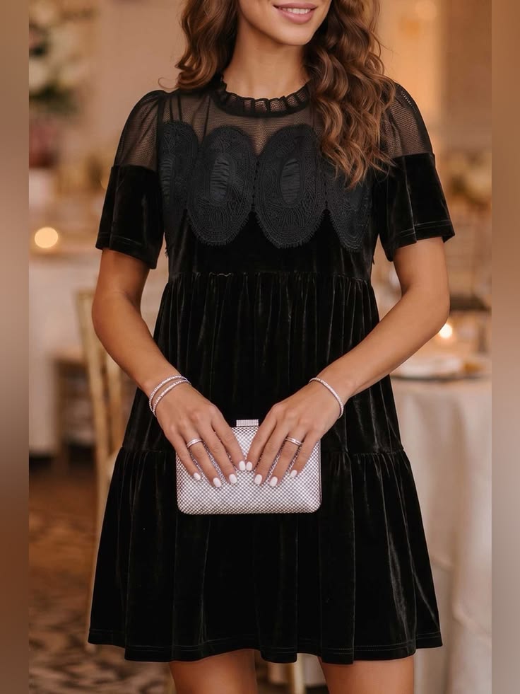 Ophelia Embroidered Velvet Mini Dress Black 1