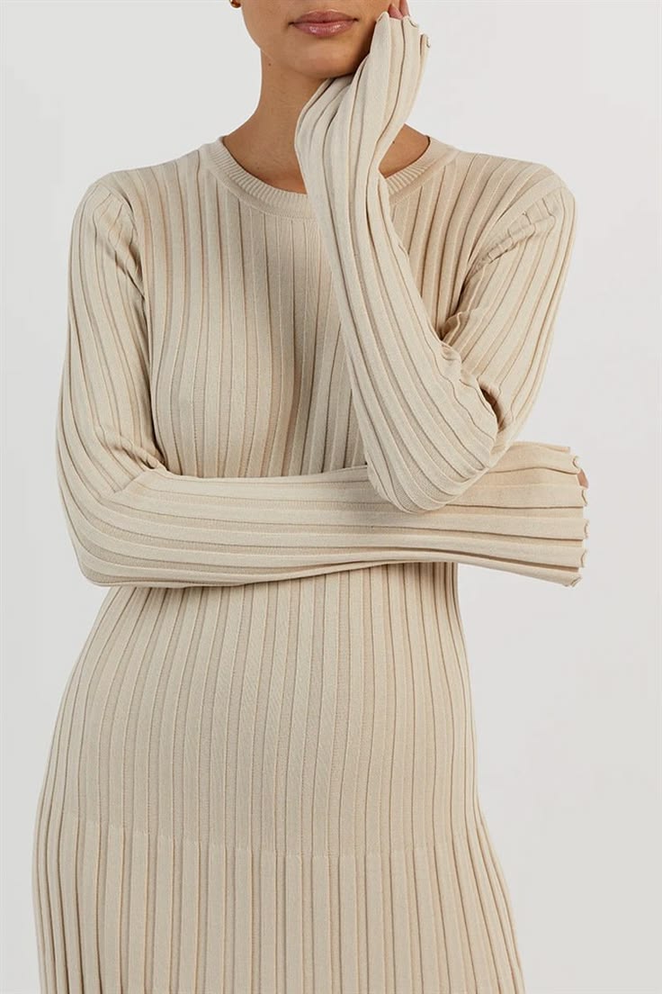Margot Ribbed Flared Maxi Dress Beige 1