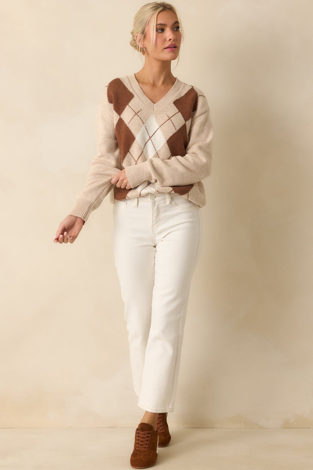 Margot V-Neck Knit Sweater Beige 1