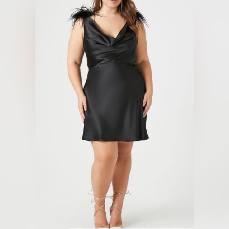 Hedda Satin Feather Strap Dress Black 1