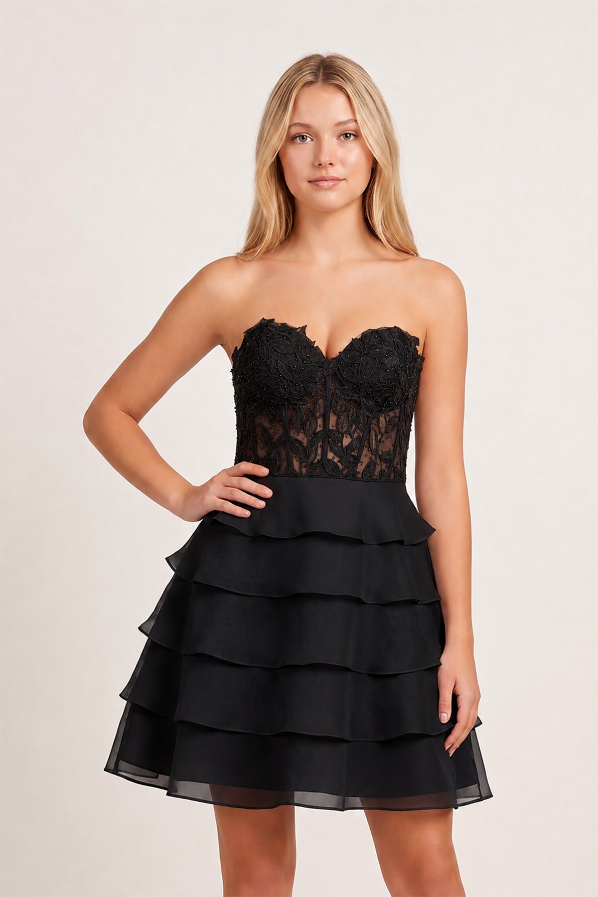Delphine Tiered Corset Homecoming Dress Black 6