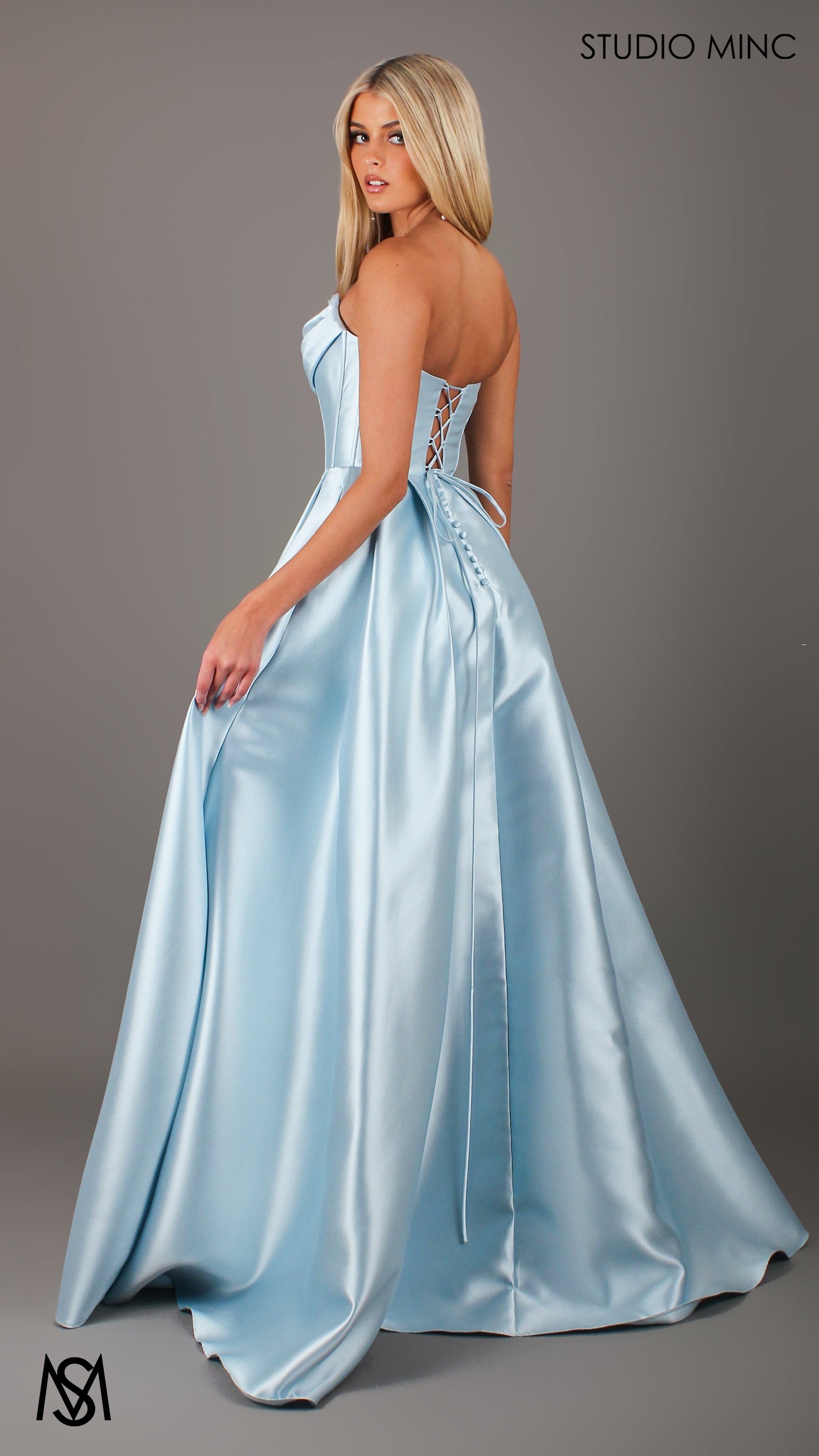Honey Mikado Ball Gown Light Blue formal Dress | Strapless corset pearl detail Mikado satin ball gown 2