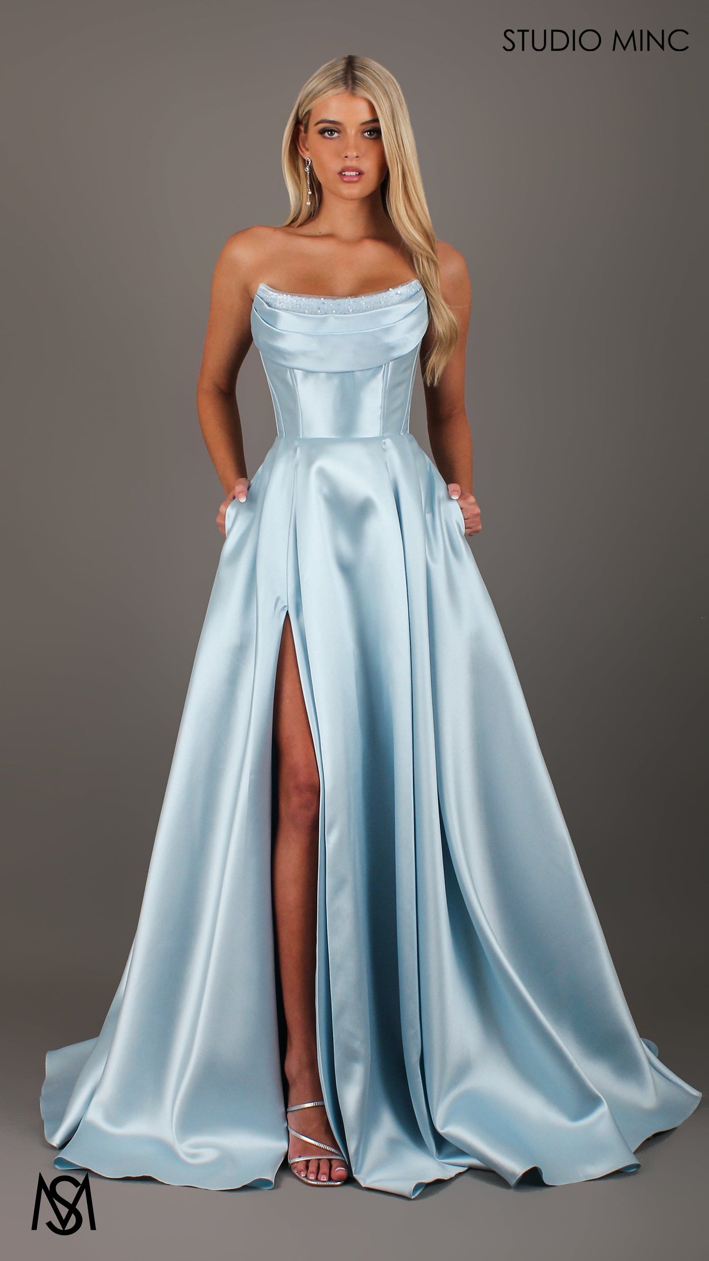 Honey Mikado Ball Gown Light Blue formal Dress | Strapless corset pearl detail Mikado satin ball gown 3