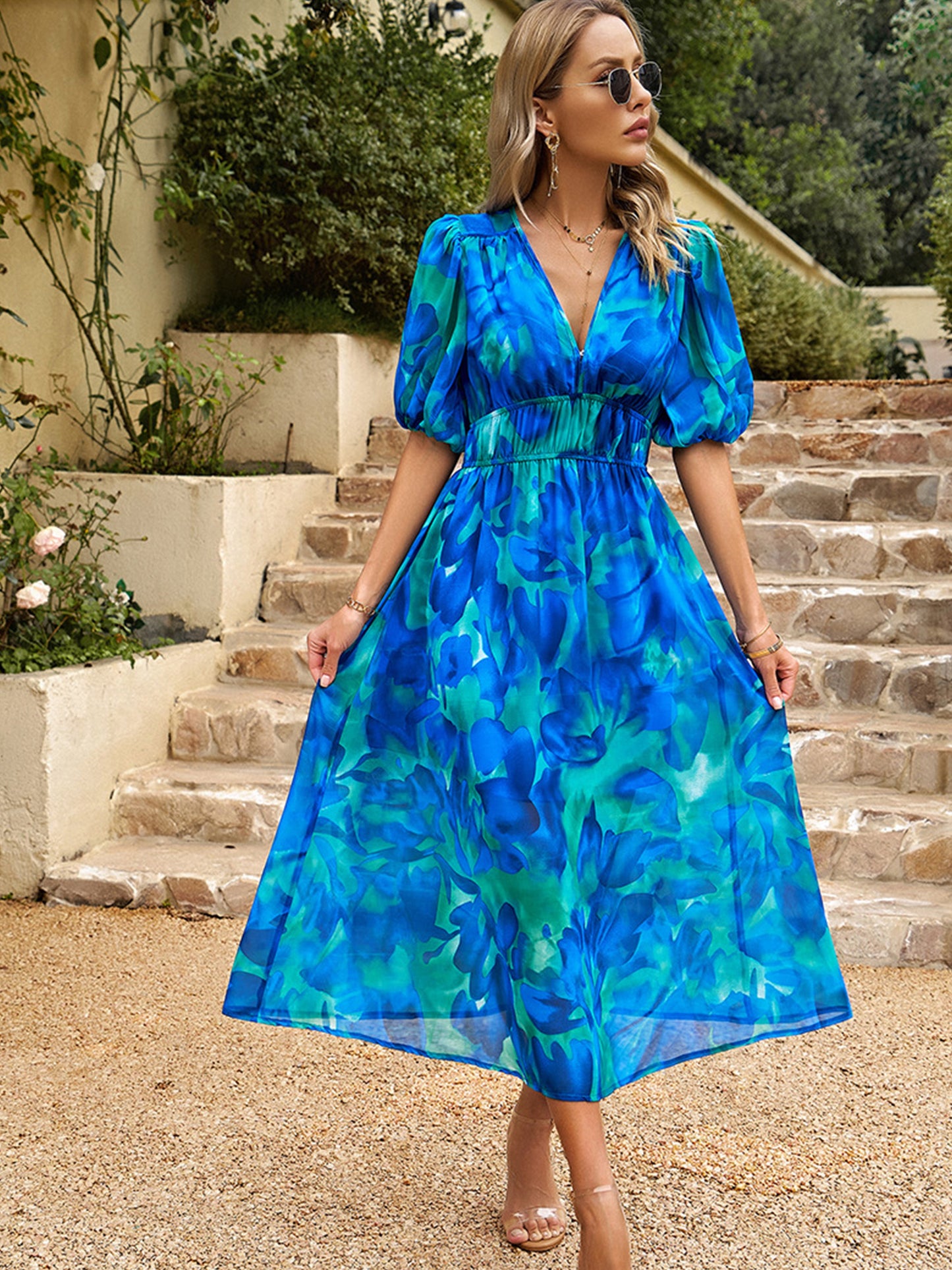 Margot V-Neck Crepe Midi Dress Blue 2