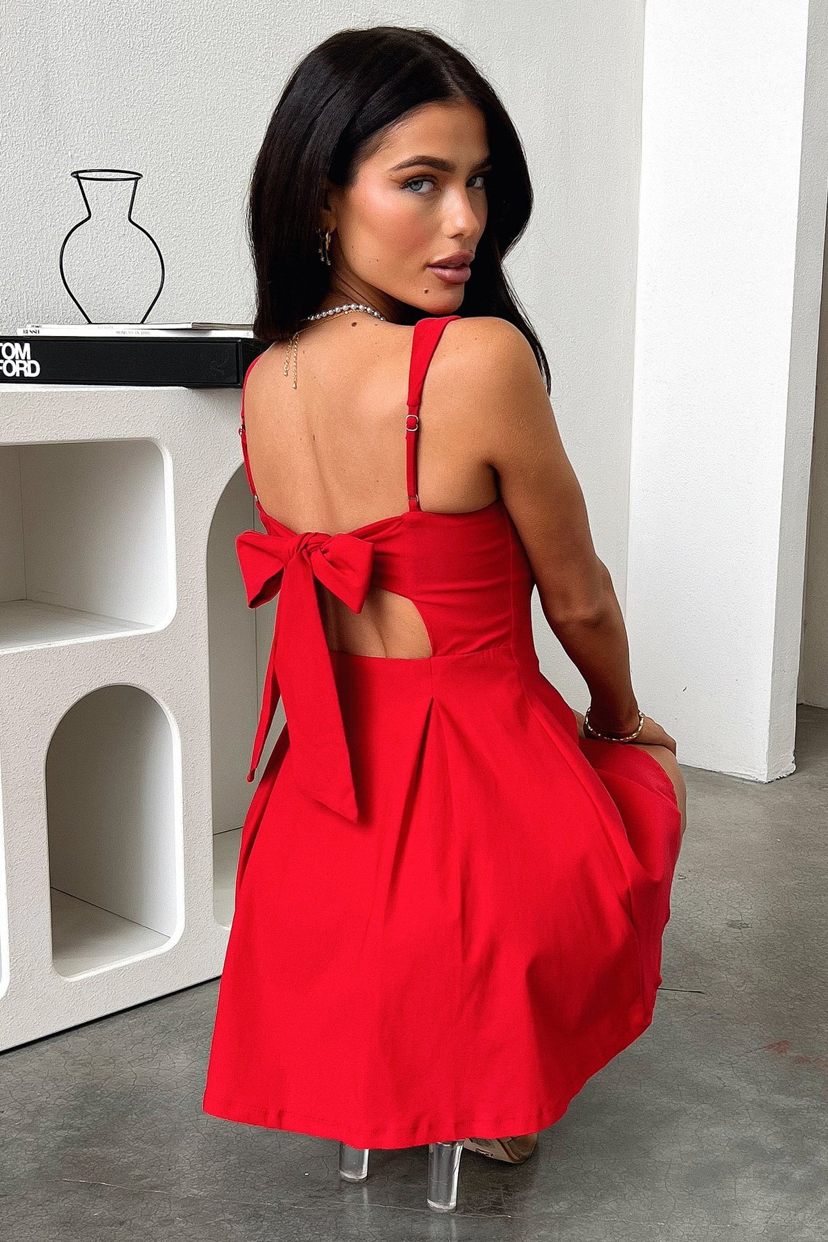 Colette Satin Midi Dress in Black Red 2