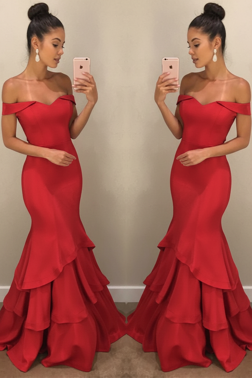 Lillian Off-Shoulder Mermaid Gown Shoulder Mermaid Prom Dresses Tiered Simple Evening Gowns 9