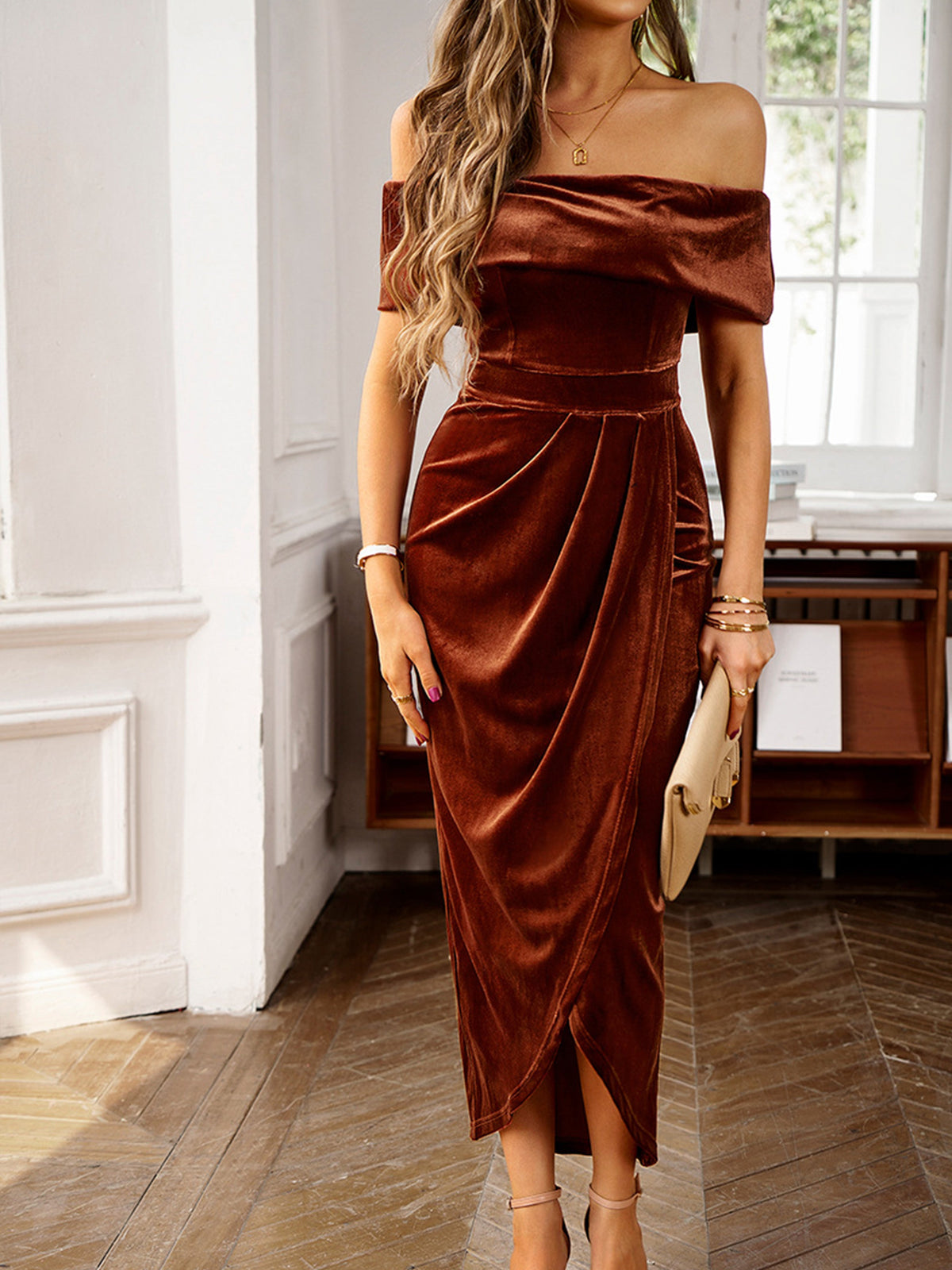 Isabelle Off-Shoulder Velvet Maxi Dress Brown 2