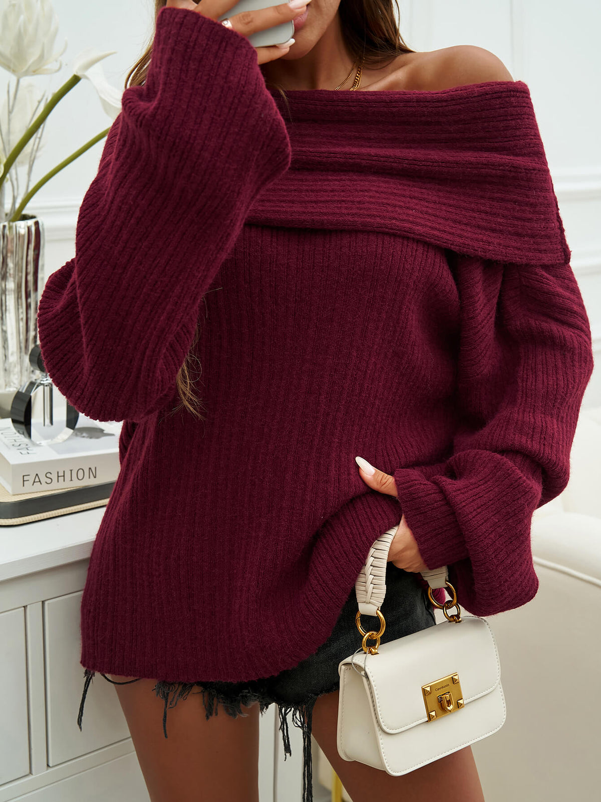 Arabella Off-The-Shoulder Sweater Burgundy 5