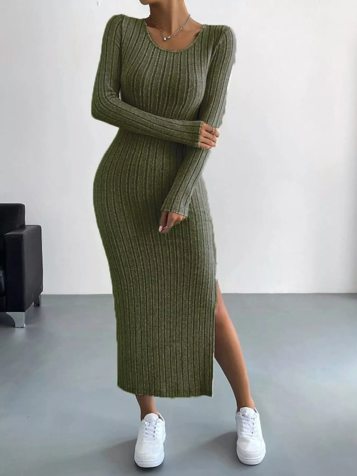 Marlowe Ribbed Knit Bodycon Midi Dress Light Gray 9