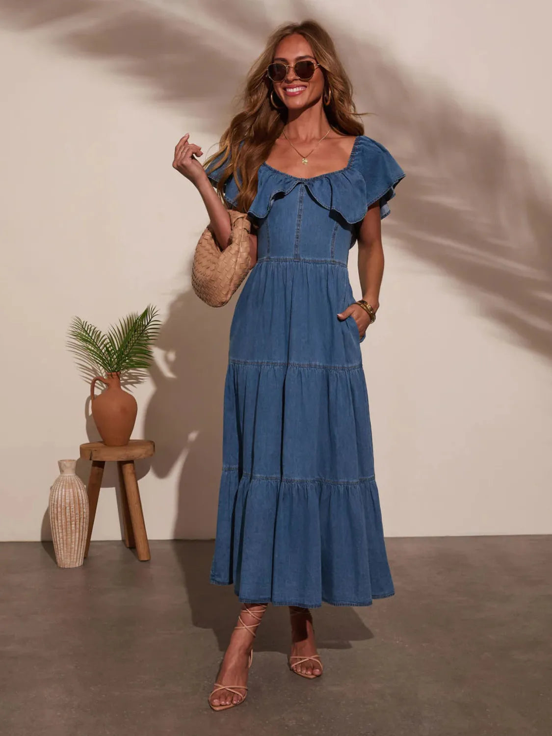 Margot Off-Shoulder Tiered Denim Dress Dark Blue 1