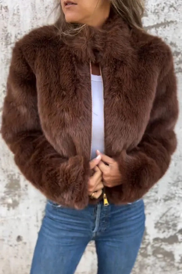 Margot Faux Fur Turtleneck Jacket Red 1