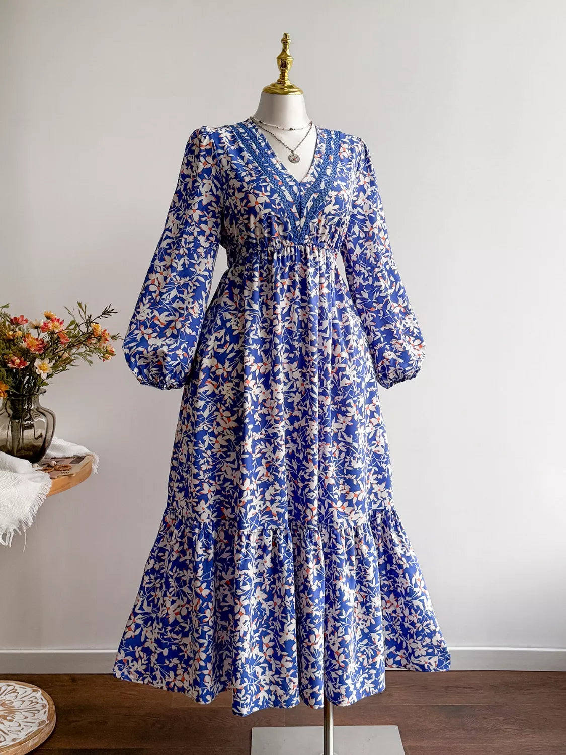 Violet Floral Maxi Dress with Flutter Sleeves Neck Long Sleeve Maxi Dress 2