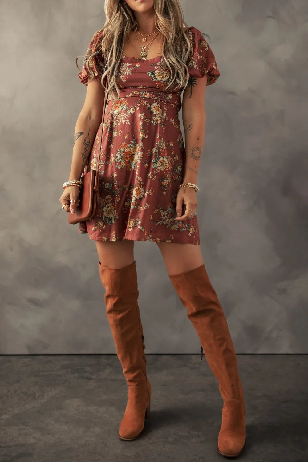 Arabella Floral Mini Dress Caramel 7