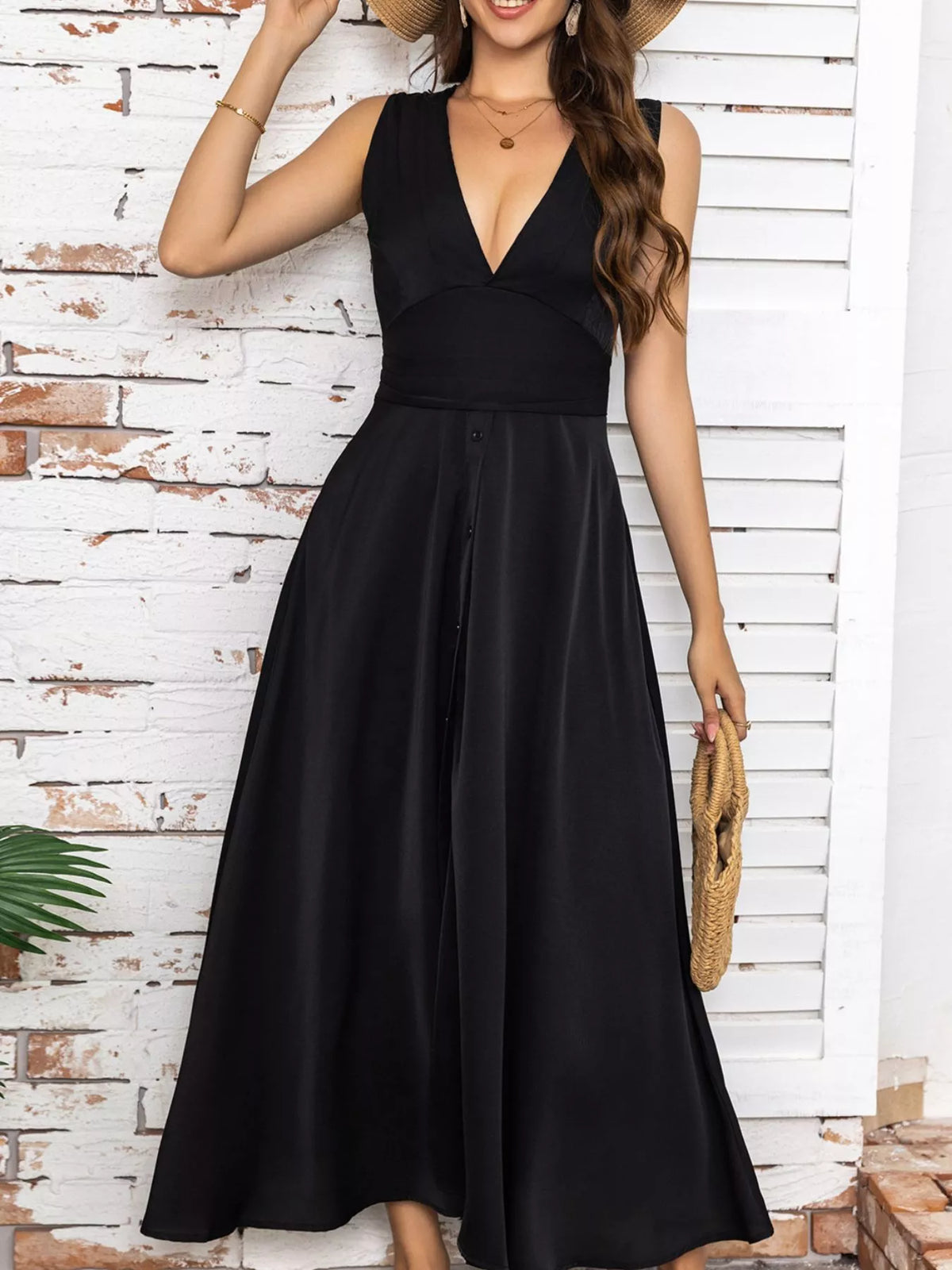 Emmeline Slit V-Neck Midi Dress Black 8