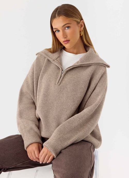 Eirena Quarter-Zip Knit Sweater Tan 1