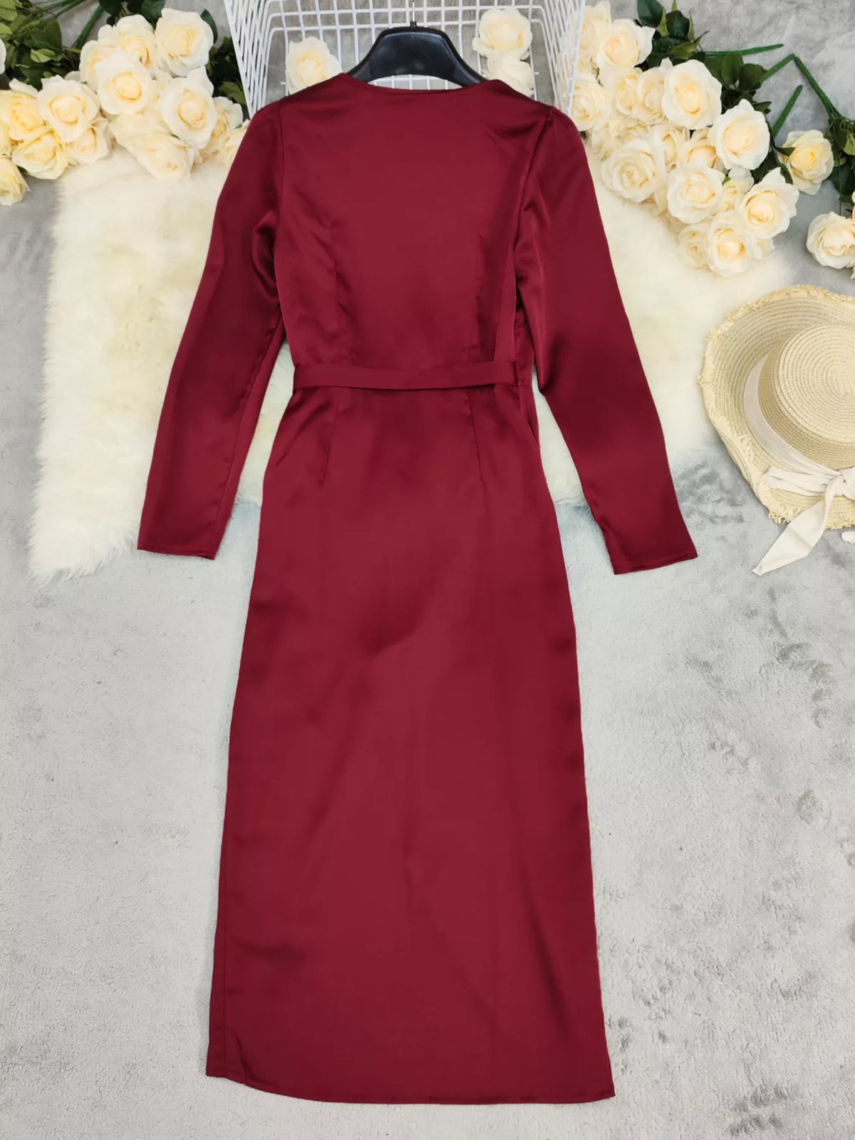 Oona Satin Long Sleeve Dress in Red Red 6