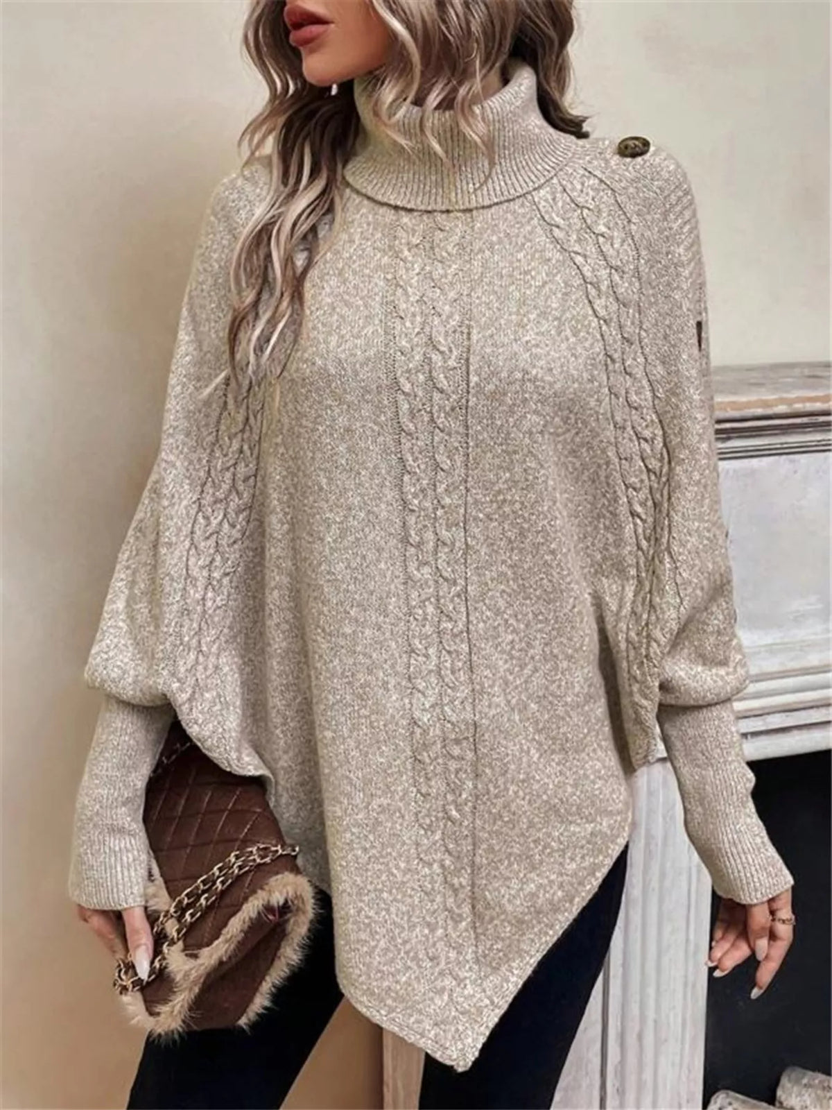 Margot Cable Knit Turtleneck Sweater Khaki Color 1