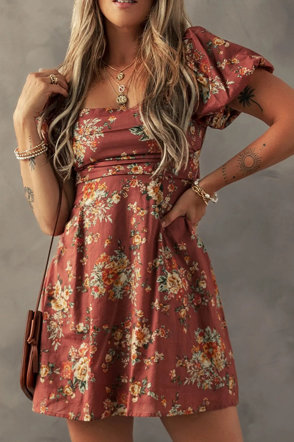 Arabella Floral Mini Dress Caramel 3