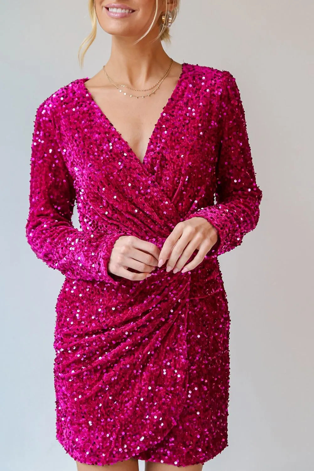 Vera Sequin Surplice Mini Dress Deep Rose 1