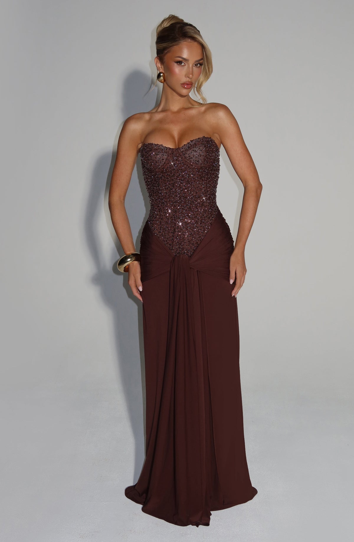 Carina Burgundy Satin Maxi Dress Plum Brown 1