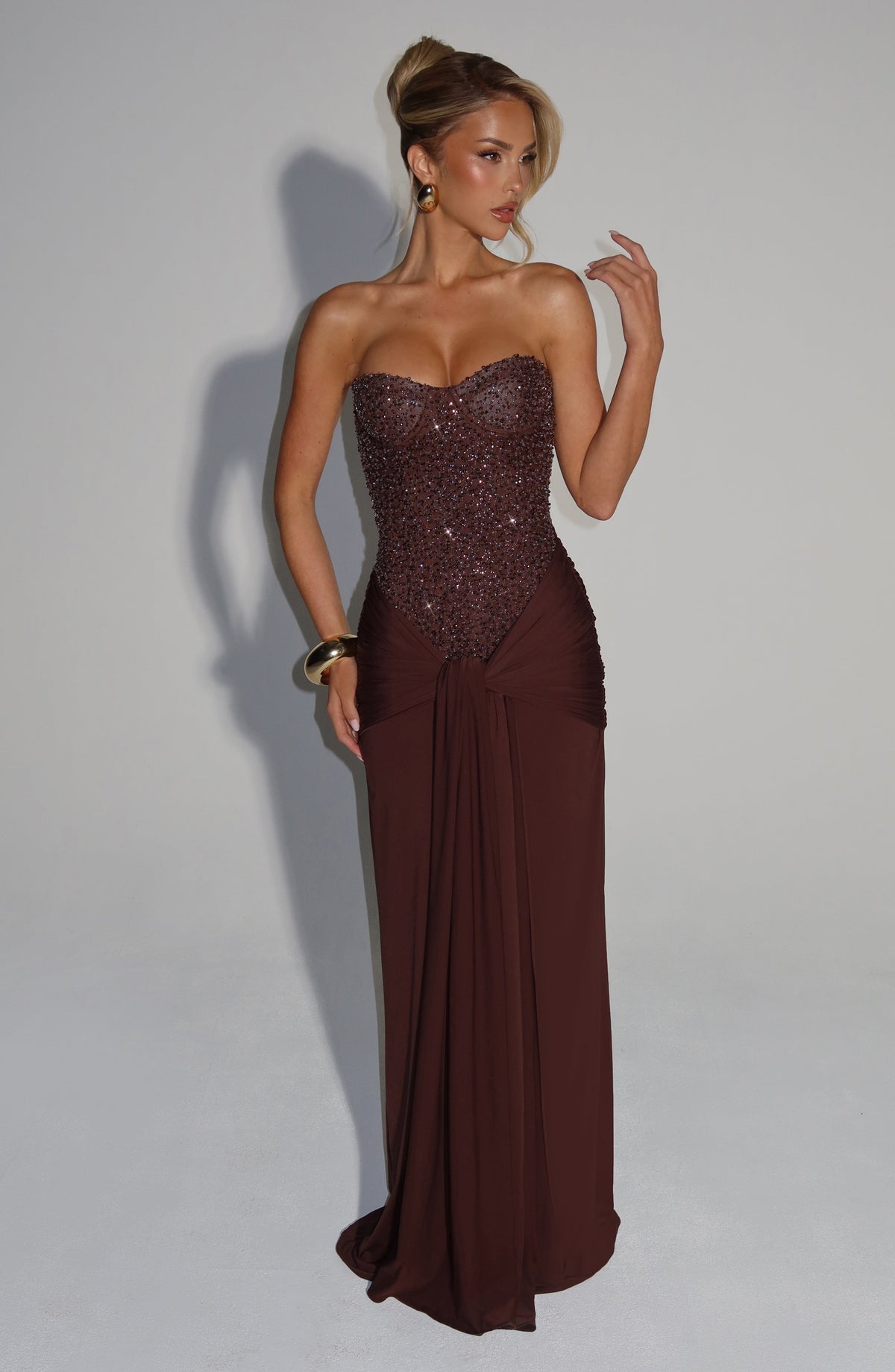 Carina Burgundy Satin Maxi Dress Plum Brown 3