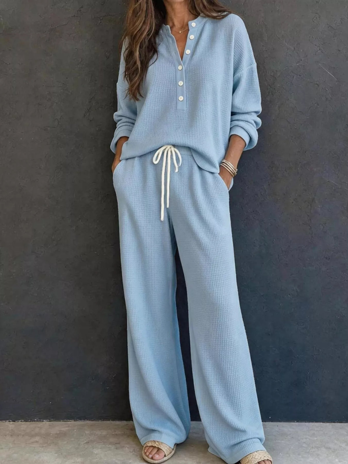 Margot Waffle Knit Henley Top & Wide Leg Pants Set White 7