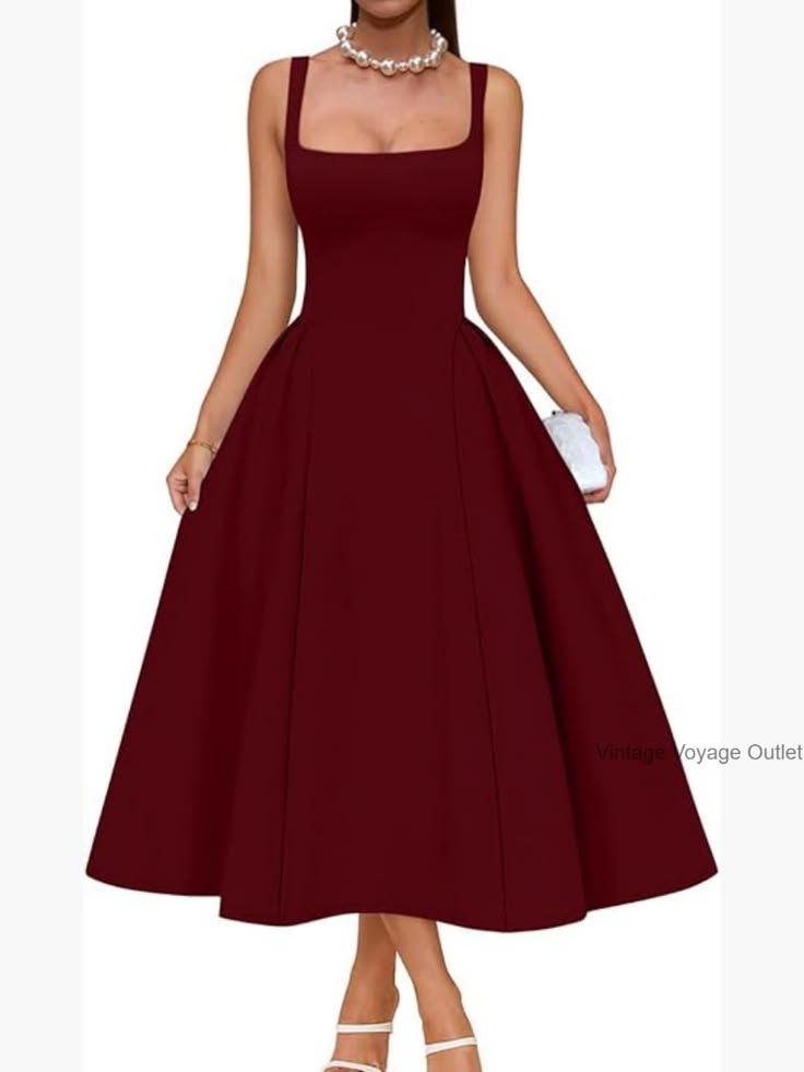 Nell Square Neck A-Line Midi Dress Red 1