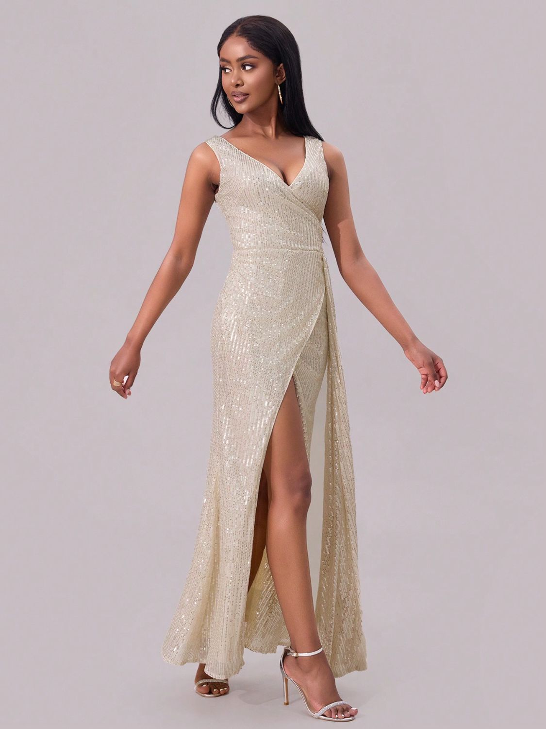 Isabelle Sequin Surplice Maxi Dress Champagne Color 6
