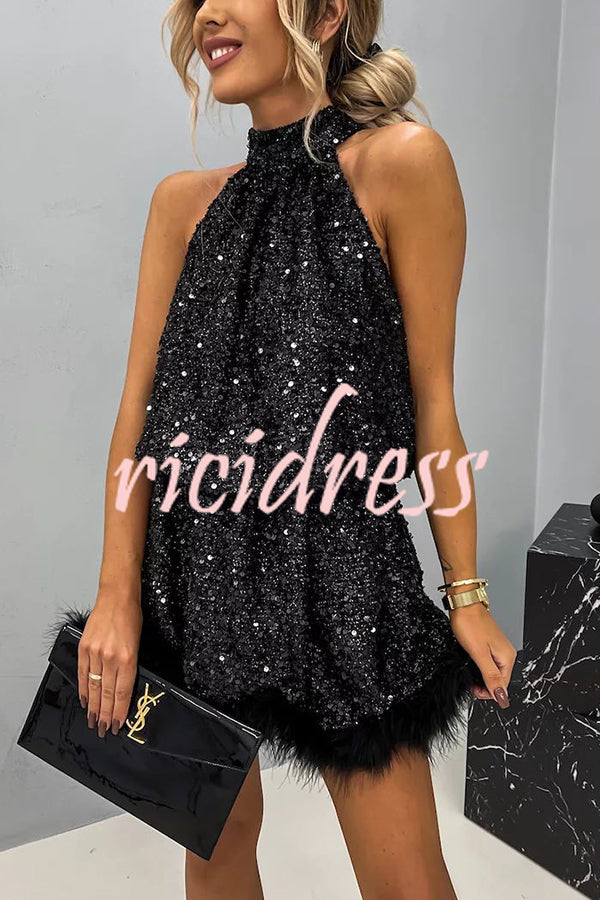 Ophelia Sequin Halter Babydoll Mini Dress Black 2
