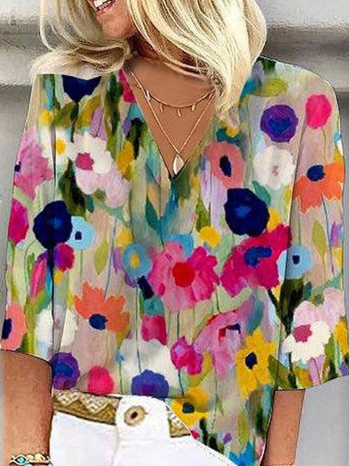Una Floral V-Neck Blouse Floral 1
