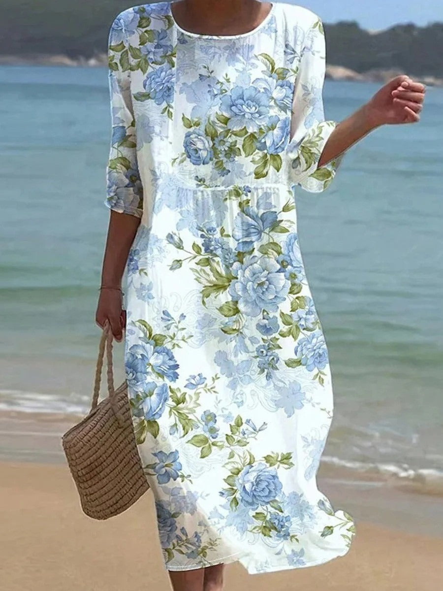 Margot Round Neck 3/4 Sleeve Midi Dress Blue 1