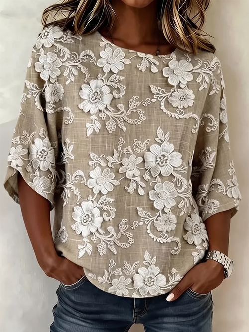 Margot Linen Floral Blouse White 1
