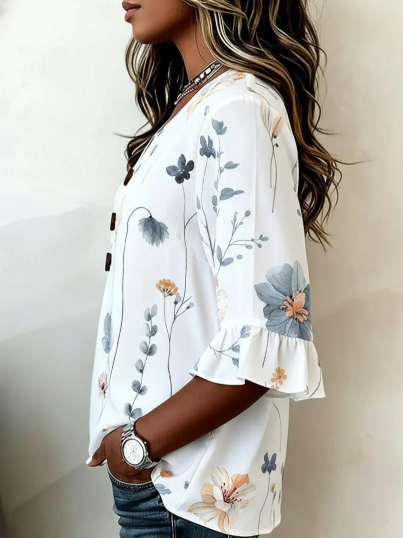 Violet Floral Half-Sleeve Blouse White 2
