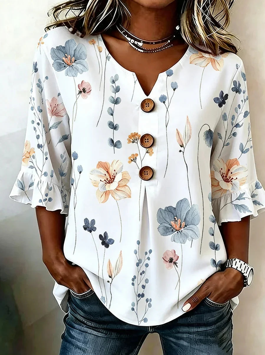 Violet Floral Half-Sleeve Blouse White 1