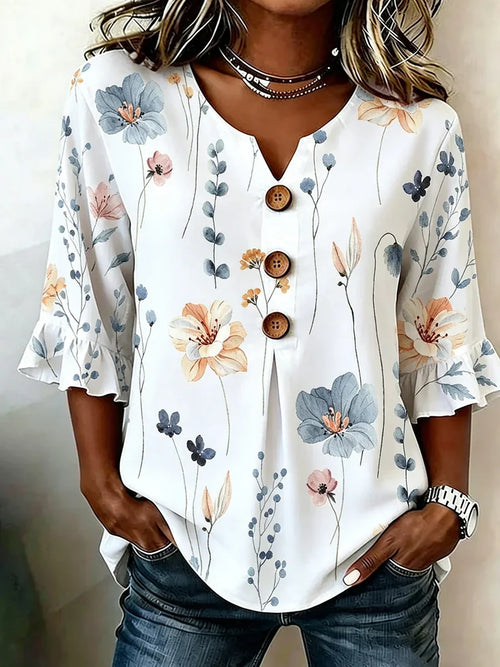 Violet Floral Half-Sleeve Blouse White 1