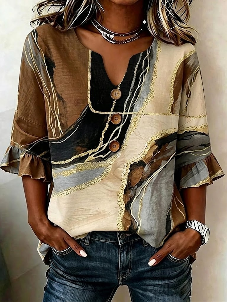 Margot Color-Block Ruffle Blouse Brown 1
