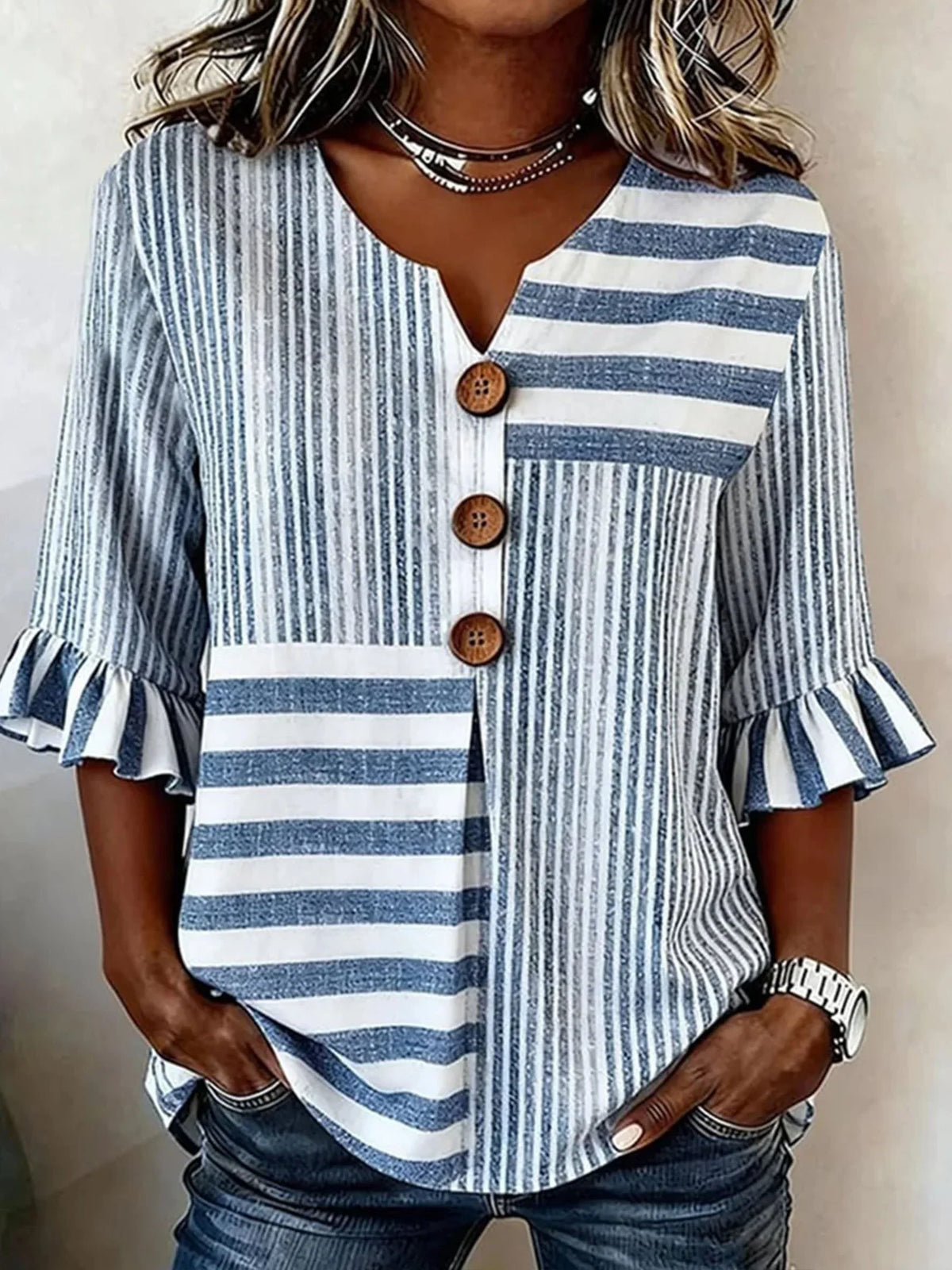 Margot Striped Half-Sleeve Blouse Blue 1